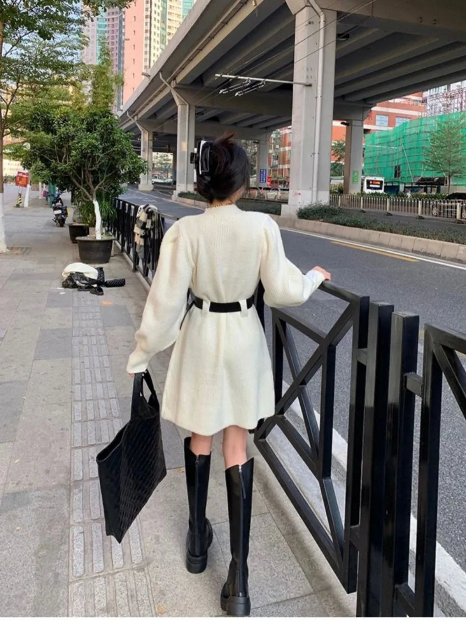 Winter Dress Women New Fashion Double Pockets Short Dresses Ladies Casual Loose Long Dress