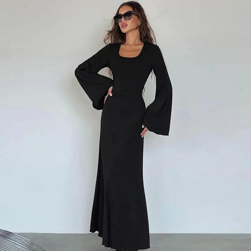 Women‘s Casual  Dress U Neck A Line Slim Skinny Elastic Bell Long Sleeve Dress