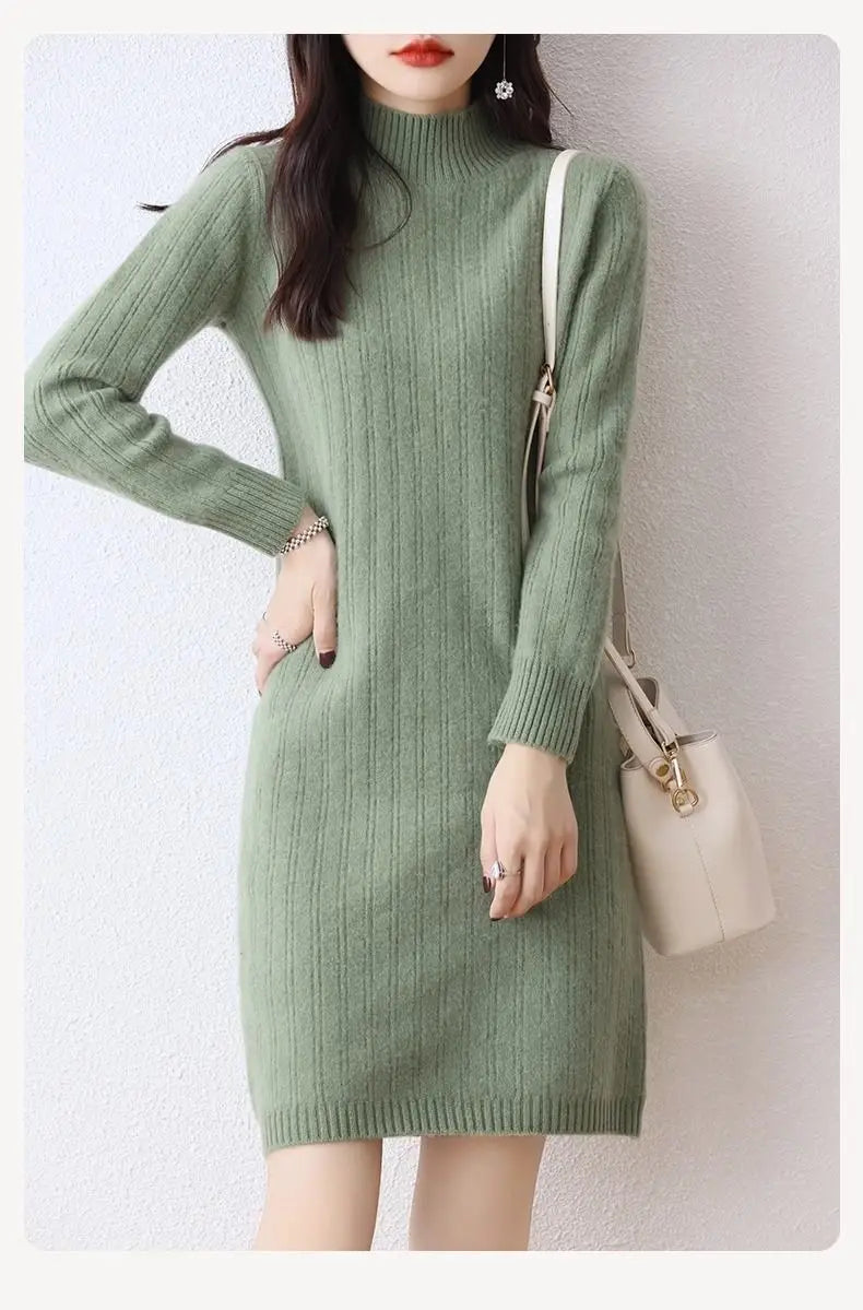 Winter New Dresses Women Solid Half High Collar Temperamen Fashion