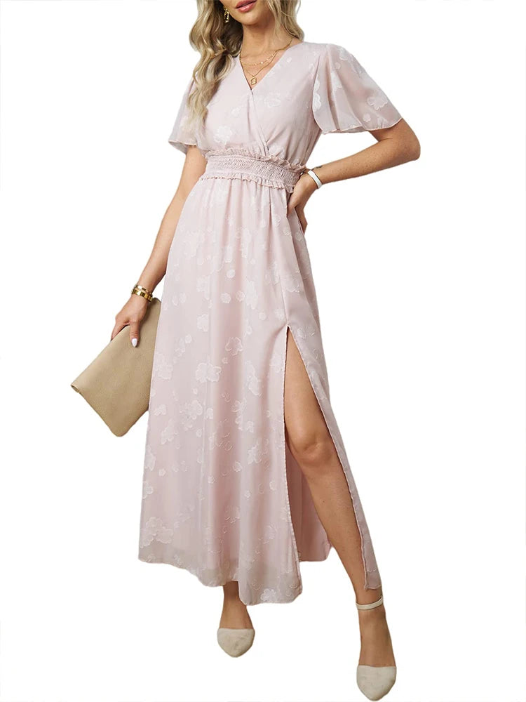 Maxi Dress Casual Summer V Neck Puff Sleeve High Waist Lace Up Dress