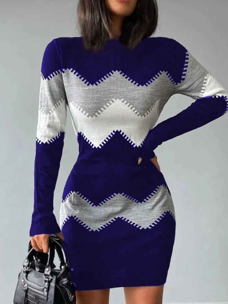 Winter Women Fashion Print Slim Dress Female Long-sleeve O-neck Elegant Dress
