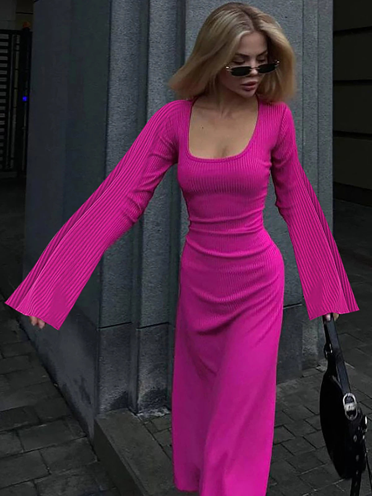 Women‘s Casual  Dress U Neck A Line Slim Skinny Elastic Bell Long Sleeve Dress