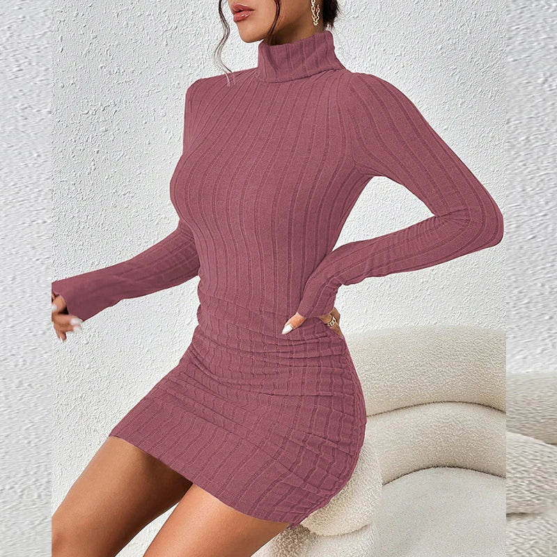 Women's Knitted Dress Autumn Winter New High Collar Temperament Solid Color Fashion