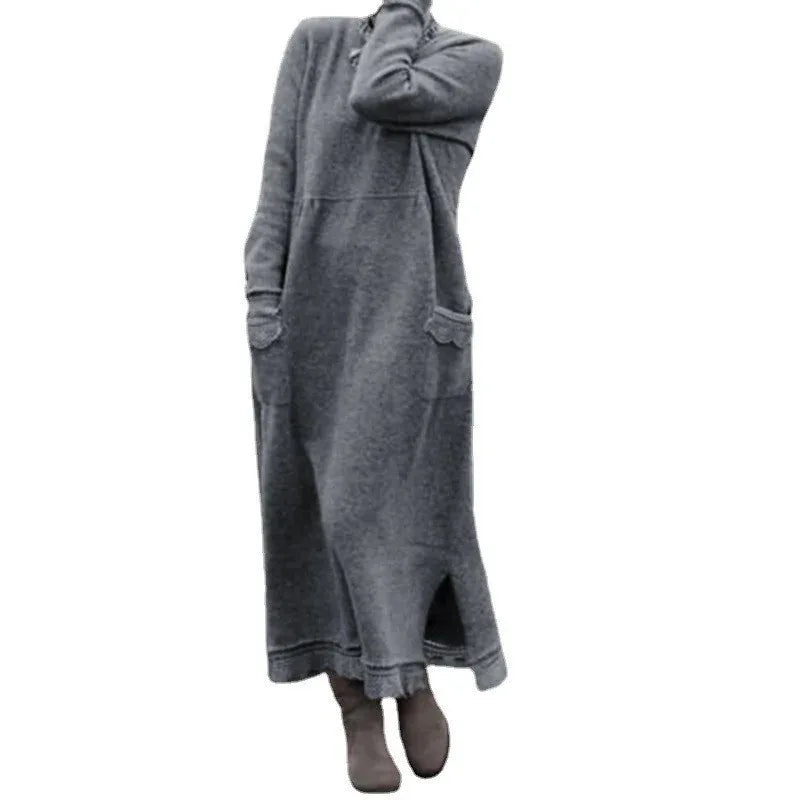 Autumn Winter New Long Dresses For Women Flower Dress Casual Long Female Solid Color Fashion