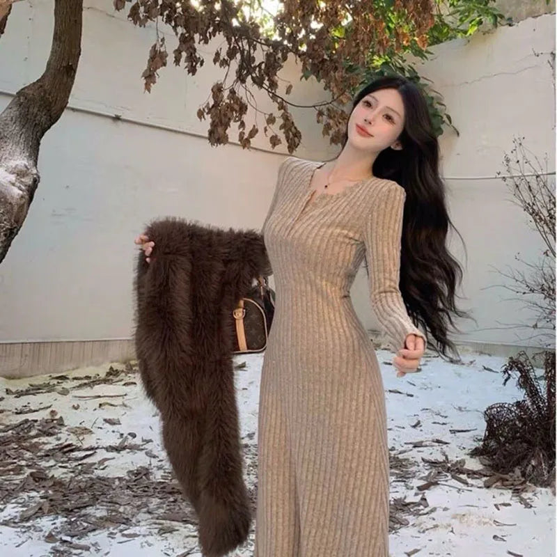 Winter Dresses Women New Thicken Slim Elastic A-Line Dress