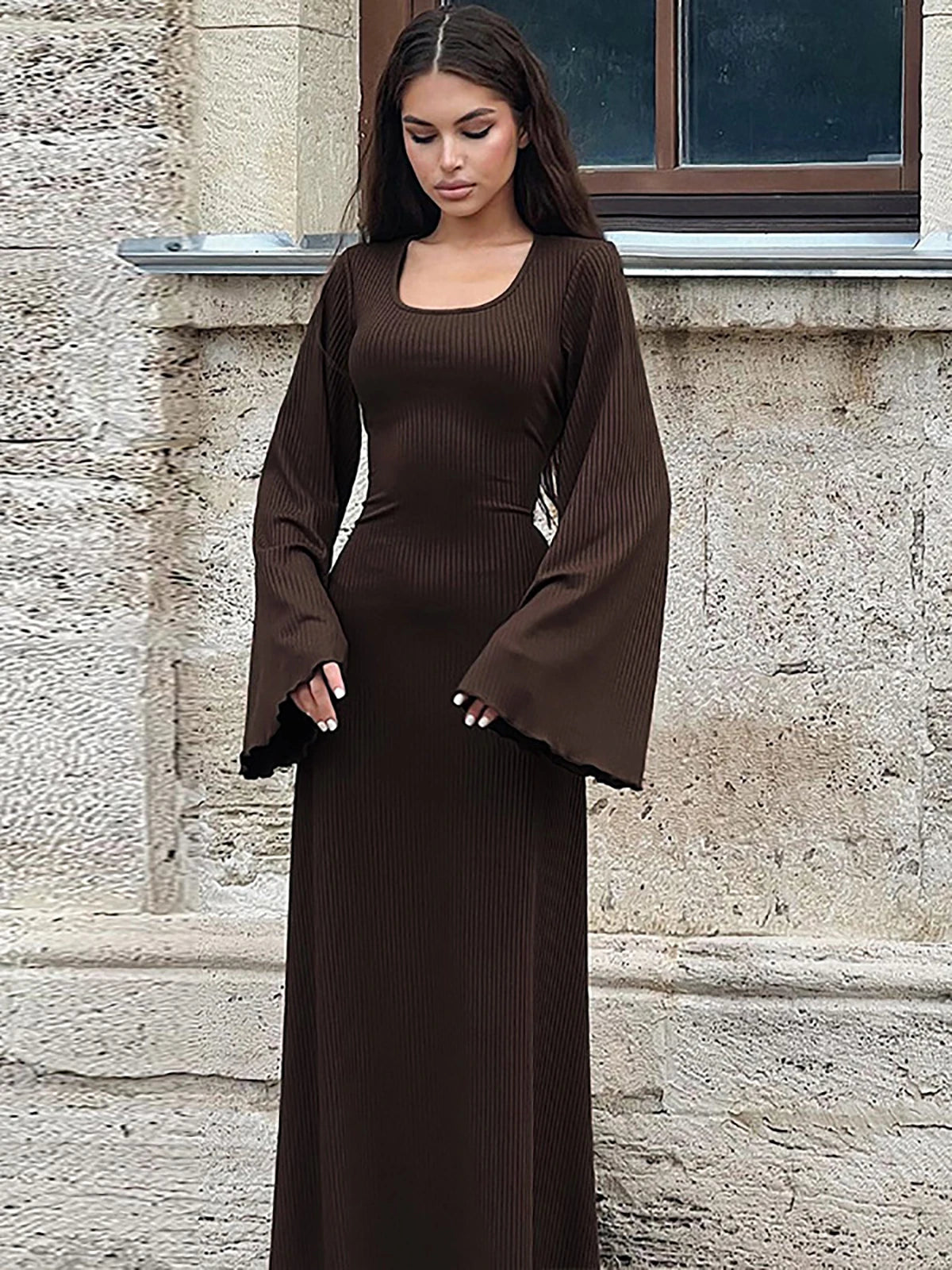 Women‘s Casual  Dress U Neck A Line Slim Skinny Elastic Bell Long Sleeve Dress