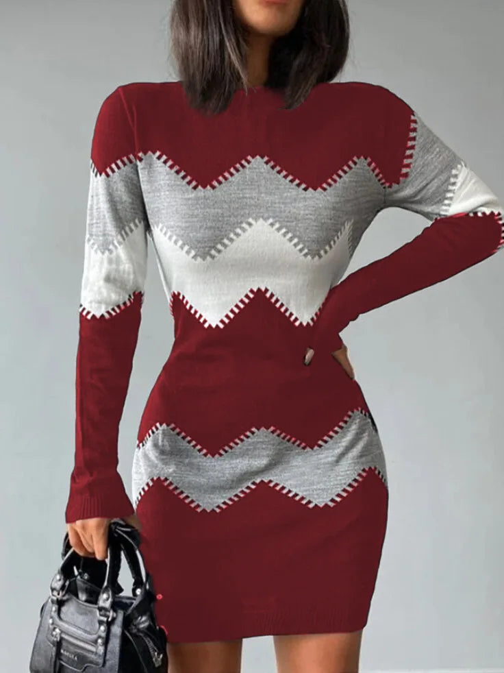 Winter Women Fashion Print Slim Dress Female Long-sleeve O-neck Elegant Dress