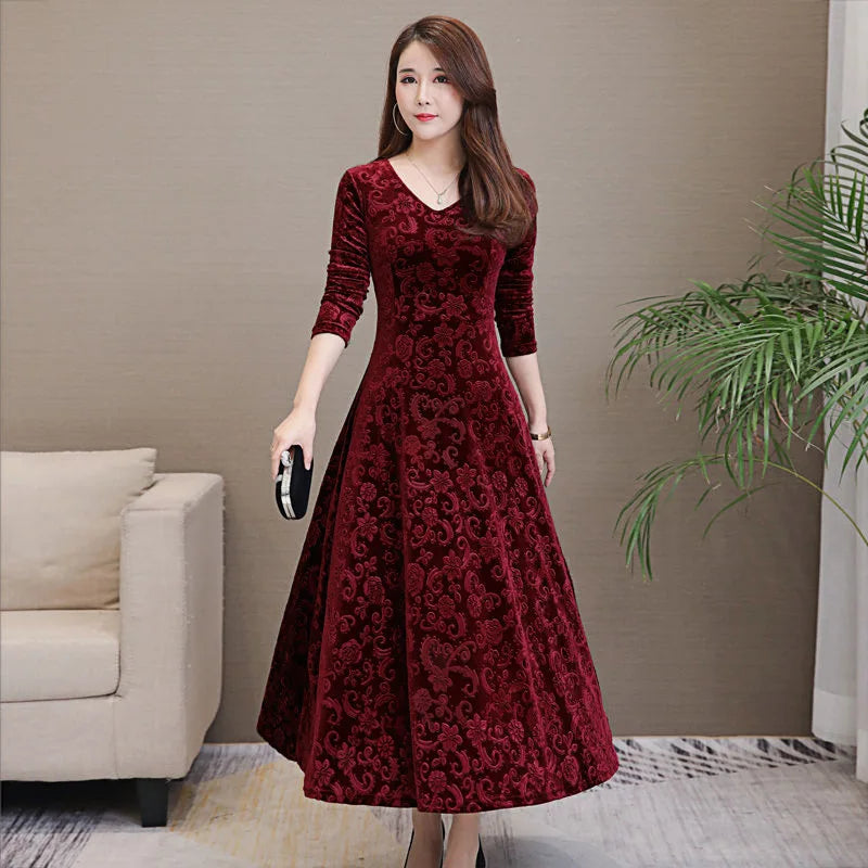 Elegant Velvet Dress Solid Long Sleeve Party Women Sexy V Neck Slim Fit Autumn Fashion Gothic Elbise Vestidos Mujer Femme Winter