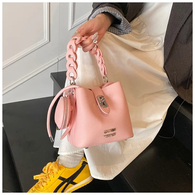 Handheld Bucket Bag For Women 2025 New Retro Pu Leather Patchwork Shoulder Bags Trend Versatile Commuting Mini Crossbody Pack