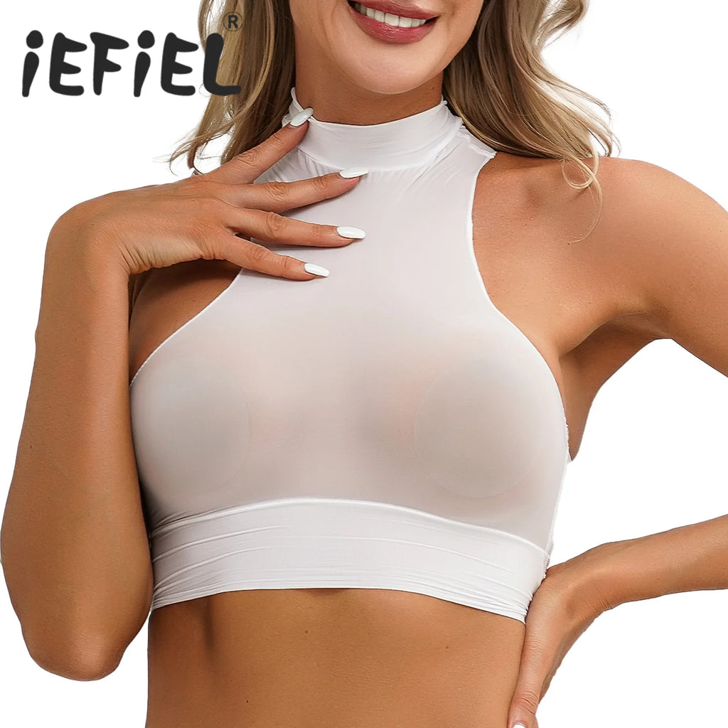 Womens Glossy Crop Tops Mock Neck Sleeveless Sheer See-Through Slim Fit Vest Tops