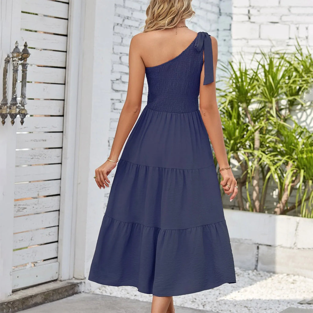 Women'S Summer Casual One Shoulder Sleeveless Smocked Elastic Dress