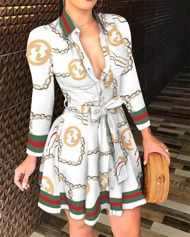 Casual Long Sleeved Dress With Buttons And Lapels, Elegant Suit With Print Dress