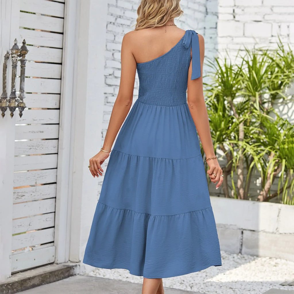 Women'S Summer Casual One Shoulder Sleeveless Smocked Elastic Dress