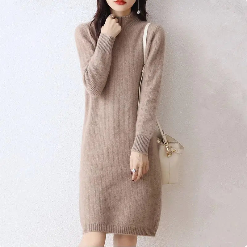 Winter New Dresses Women Solid Half High Collar Temperamen Fashion