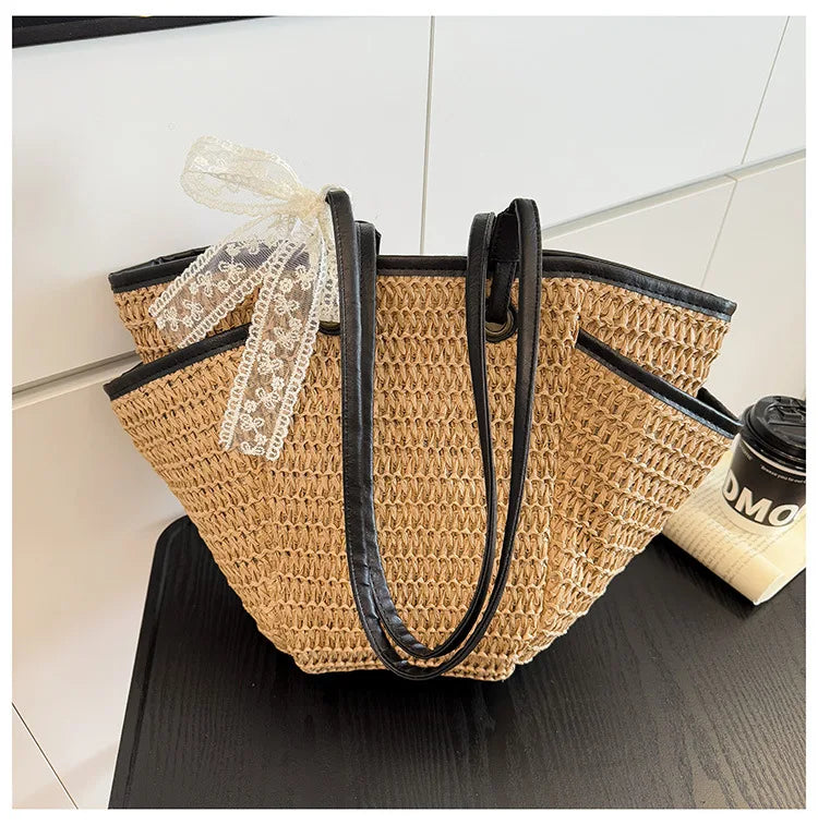 2025 Spring Woven Bucket Bag for Women Minimalist Niche Shoulder Bag Spacious Straw Tote Casual Bohemian Handbag