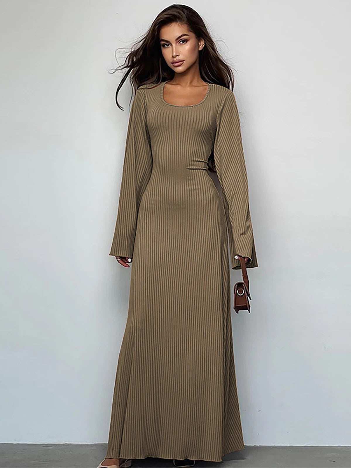 Women‘s Casual  Dress U Neck A Line Slim Skinny Elastic Bell Long Sleeve Dress