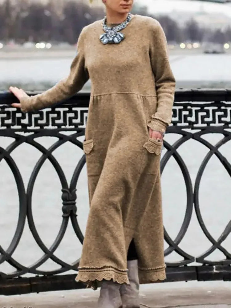 Autumn Winter New Long Dresses For Women Flower Dress Casual Long Female Solid Color Fashion