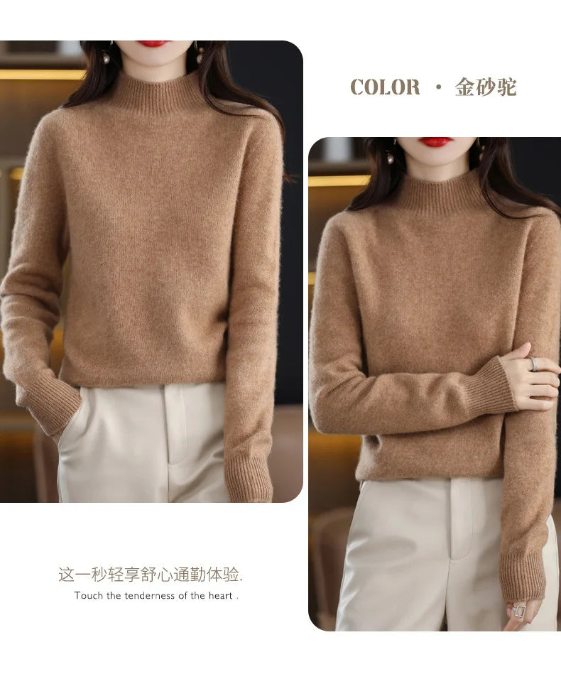 Winter Women Sweater Fashion Warm Bottoming Shirts Half High Collar Long Sleeve Pullovers
