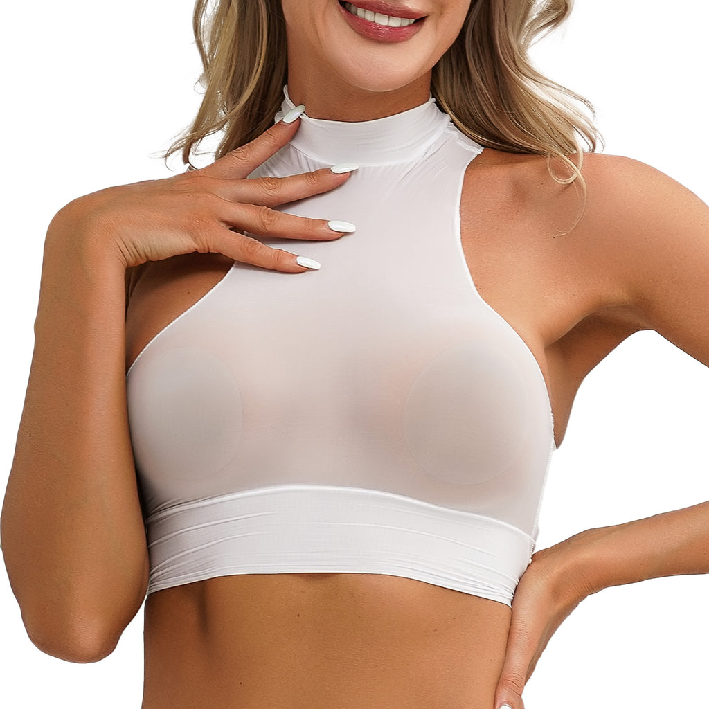 Womens Glossy Crop Tops Mock Neck Sleeveless Sheer See-Through Slim Fit Vest Tops