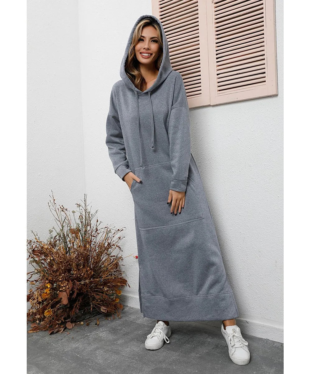 Women Dresses Autumn Winter hoodies Hooded Big Pocket Sweaters Dress