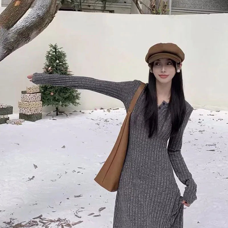 Winter Dresses Women New Thicken Slim Elastic A-Line Dress