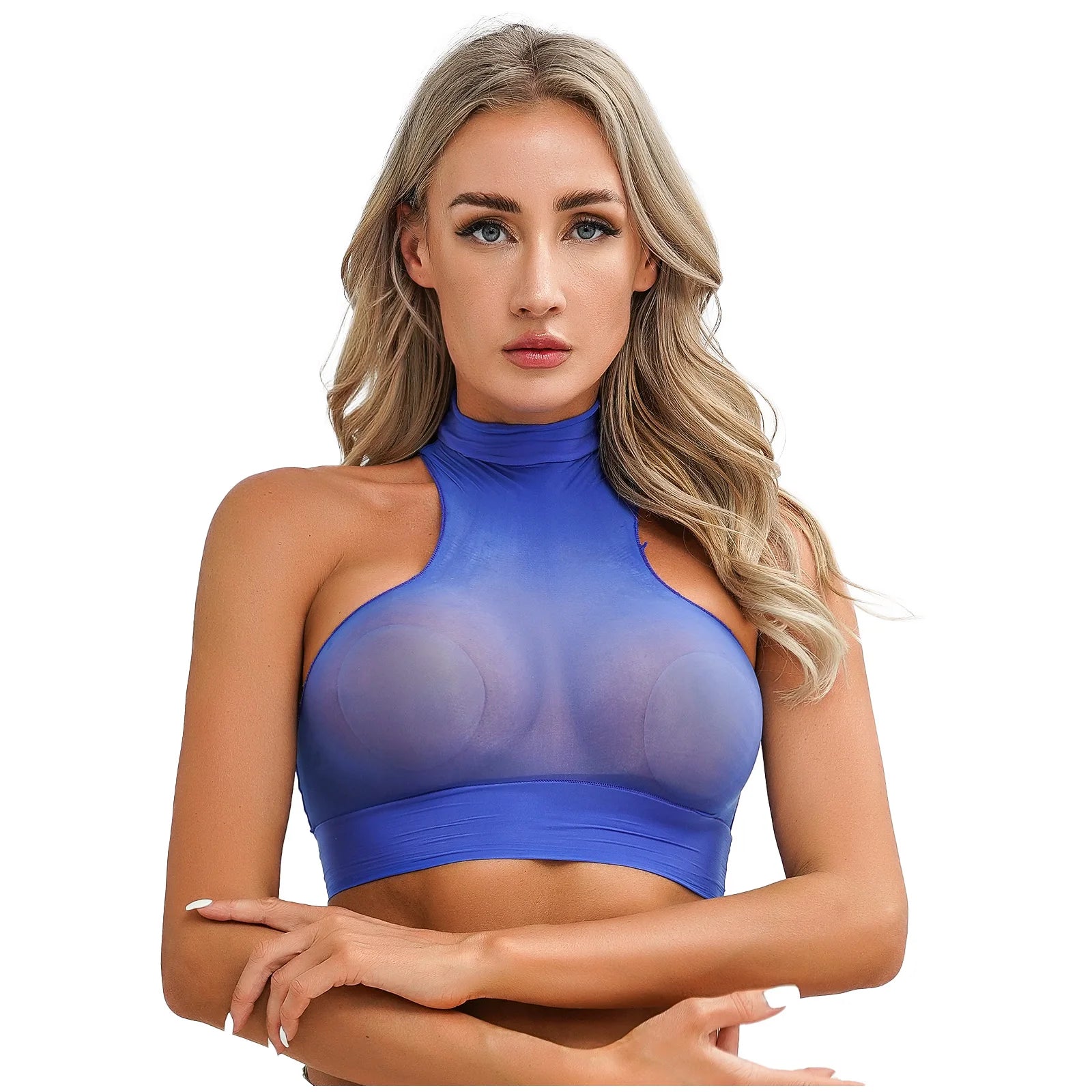 Womens Glossy Crop Tops Mock Neck Sleeveless Sheer See-Through Slim Fit Vest Tops