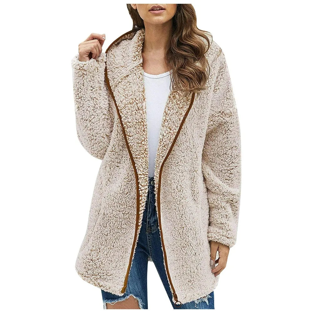Winter Women Long Teddy Jacket Warm Thick Fleece Coat Turn Down Collar Plush Coat Fashion