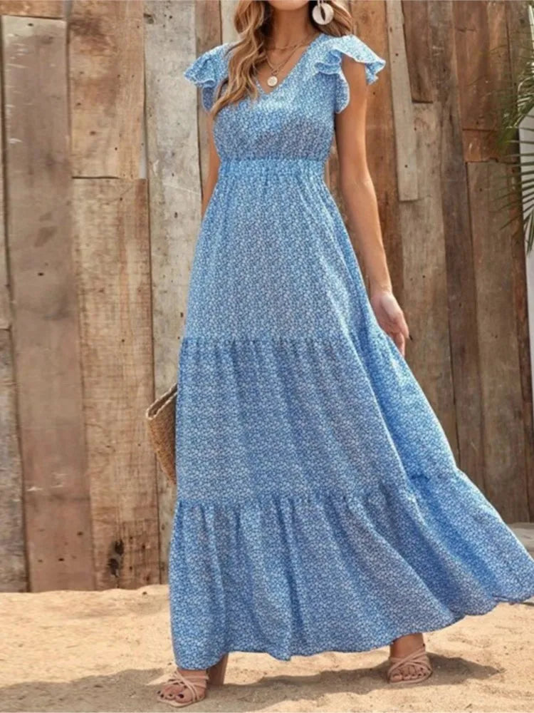 Casual V Neck Print Dress For Women Fashion Boho Holiday Beach Dresses