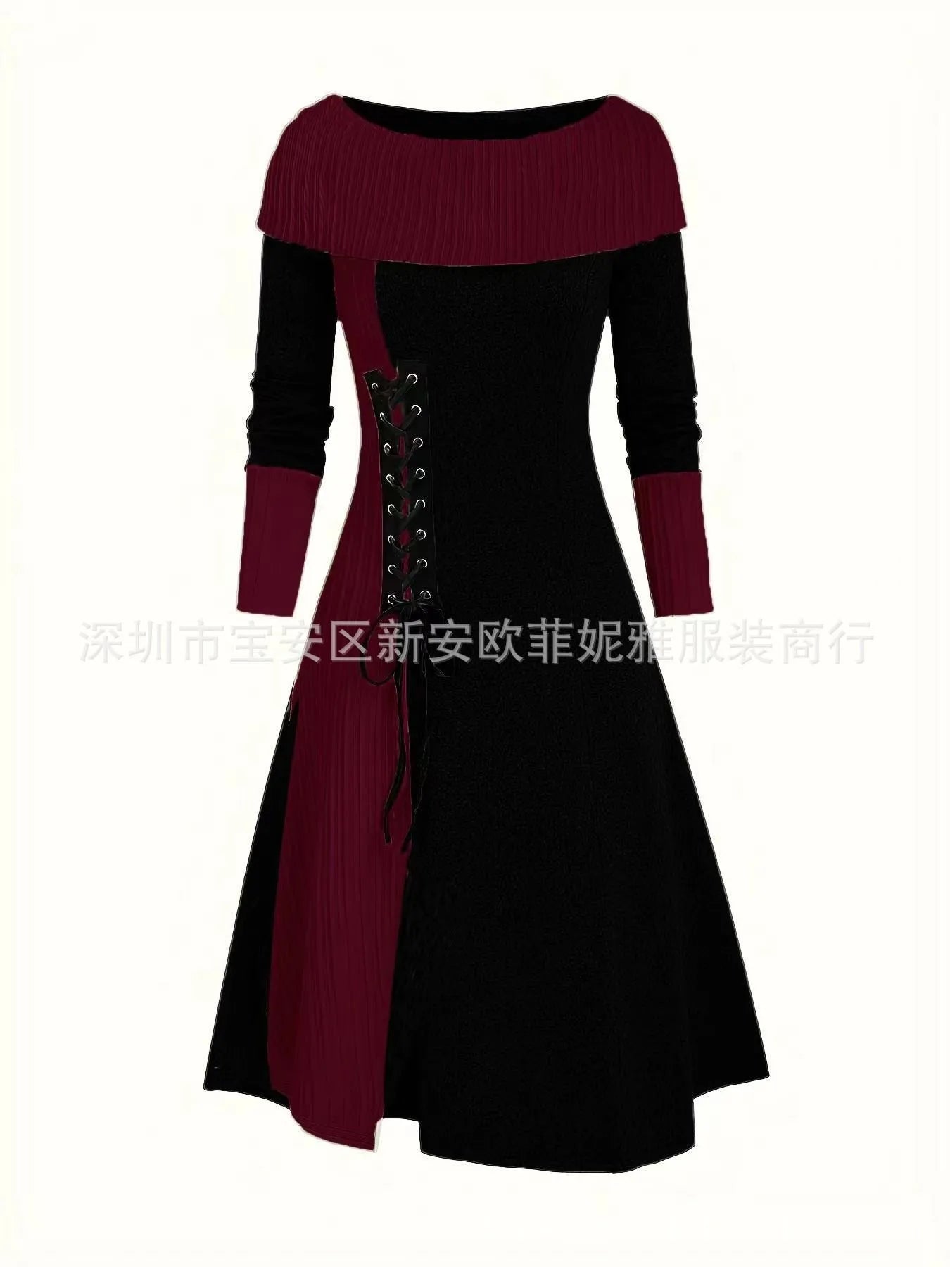 Fall Winter Women Dresses Elegant Temperament Colorblocked Dress