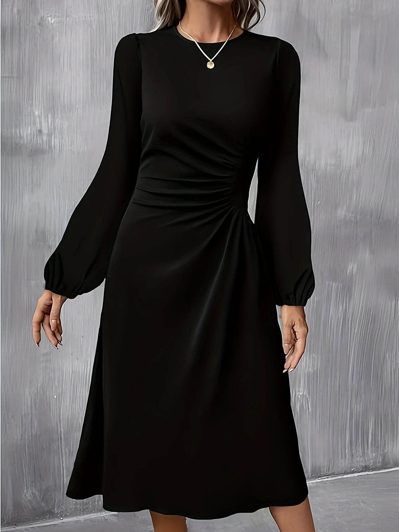 sleeved Black Maxi Dress with Ruched Waist Detail