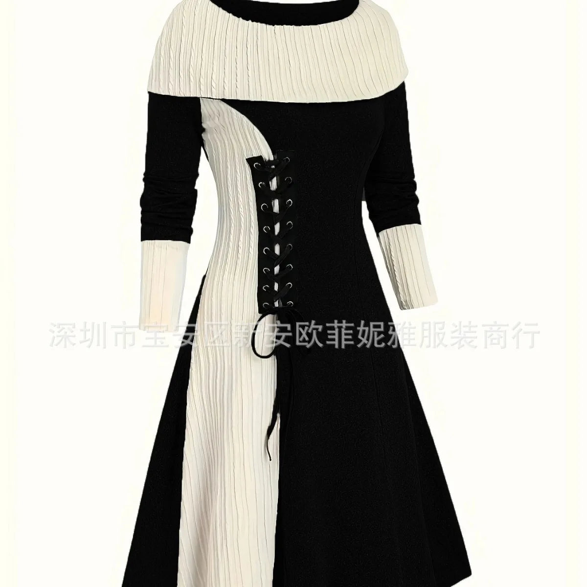 Fall Winter Women Dresses Elegant Temperament Colorblocked Dress