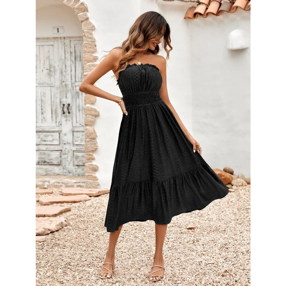 m Dress Women Casual Sleeveless Strapless Fashion Solid Casual Dress
