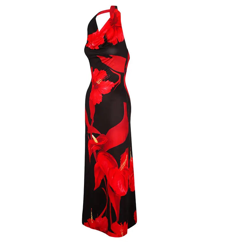 Women's Maxi Dresses Summer New Streetwear Fashion Lace-up Knitted Dress Red Sexy Female Print Backless Low Chest V-Neck Dresses