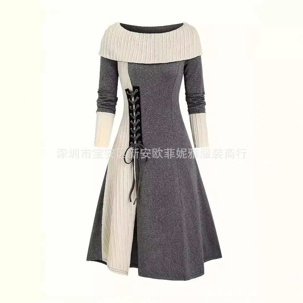 Fall Winter Women Dresses Elegant Temperament Colorblocked Dress
