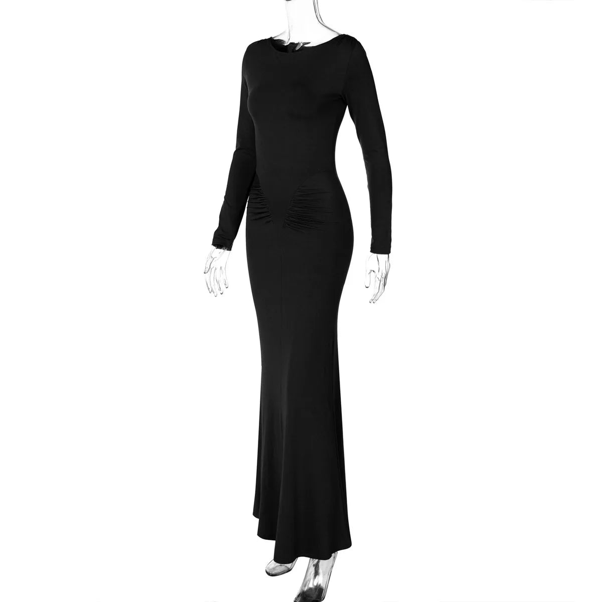 Sexy Wrap Buttocks Dresses Women O Neck Dress Long Sleeve Sheath Slim Fit Solid Spliced Pullover Folds Floor Length 2025