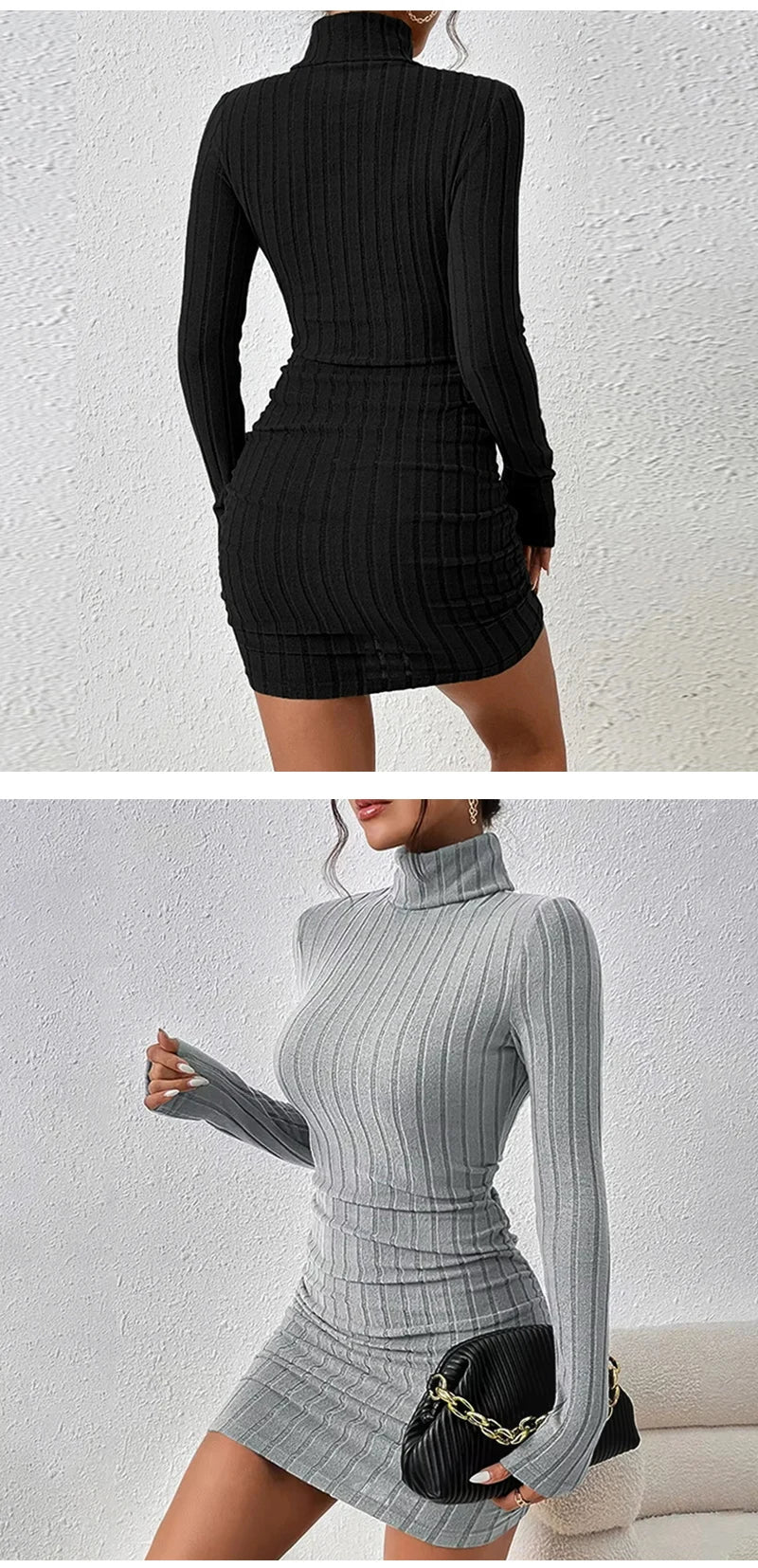 Women's Knitted Dress Autumn Winter New High Collar Temperament Solid Color Fashion