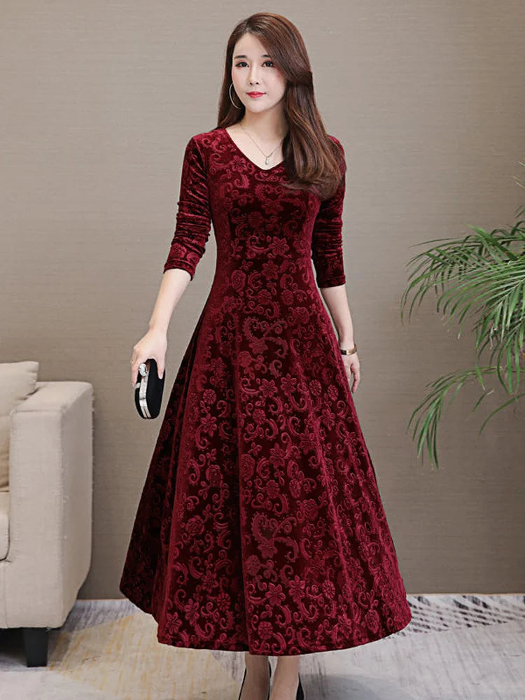 Elegant Velvet Dress Solid Long Sleeve Party Women Sexy V Neck Slim Fit Autumn Fashion Gothic Elbise Vestidos Mujer Femme Winter