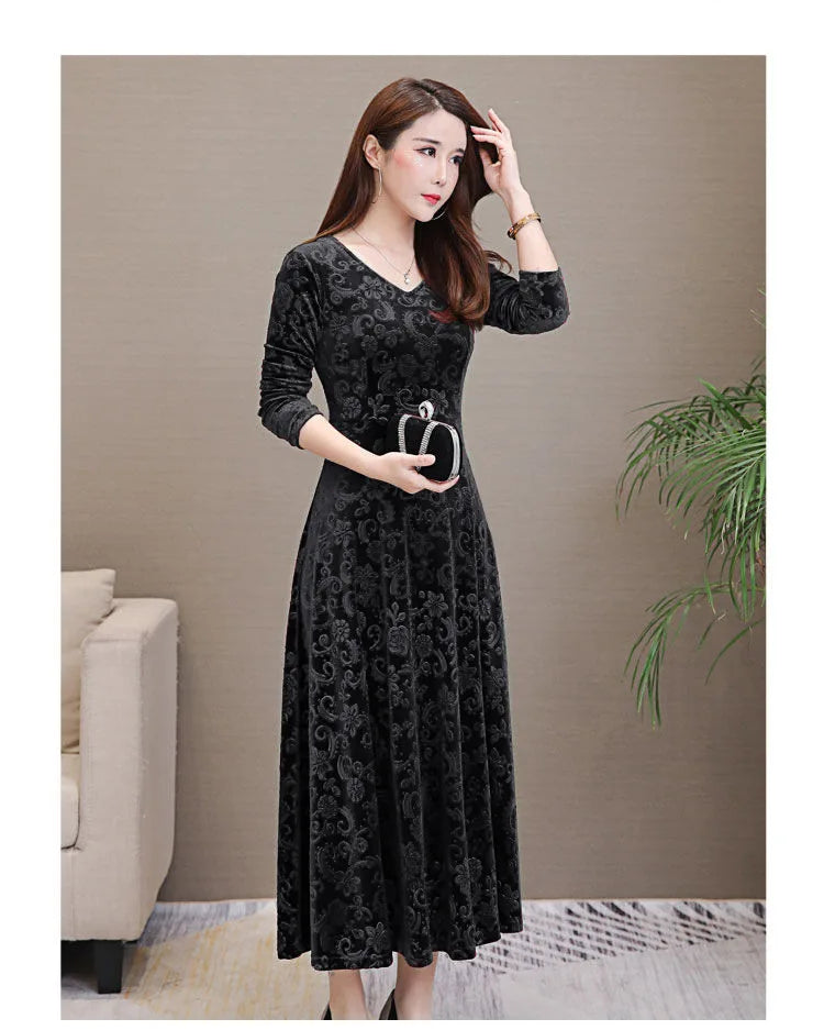 Elegant Velvet Dress Solid Long Sleeve Party Women Sexy V Neck Slim Fit Autumn Fashion Gothic Elbise Vestidos Mujer Femme Winter