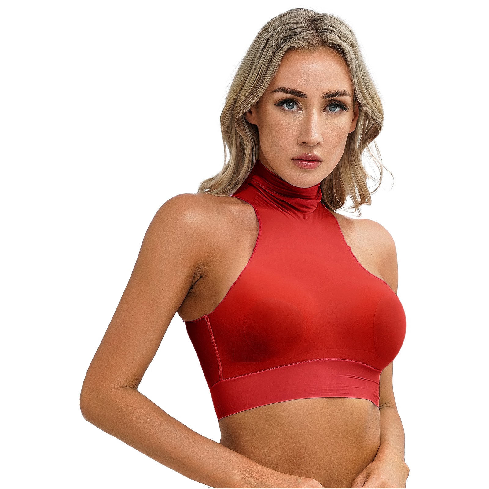 Womens Glossy Crop Tops Mock Neck Sleeveless Sheer See-Through Slim Fit Vest Tops