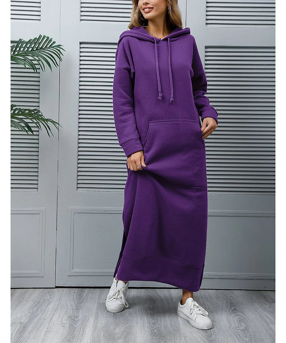 Women Dresses Autumn Winter hoodies Hooded Big Pocket Sweaters Dress