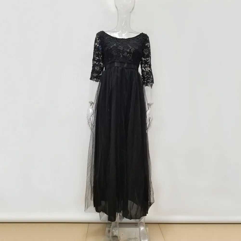 Women Maxi Dress Lace Flower Embroidery Pleated Floor Length Women