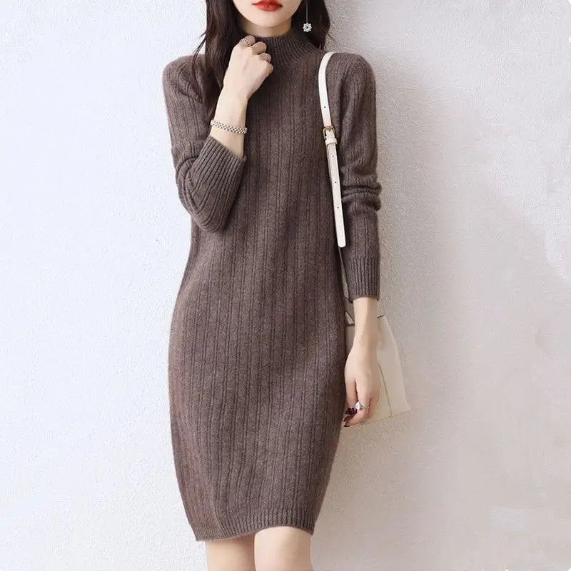 Winter New Dresses Women Solid Half High Collar Temperamen Fashion