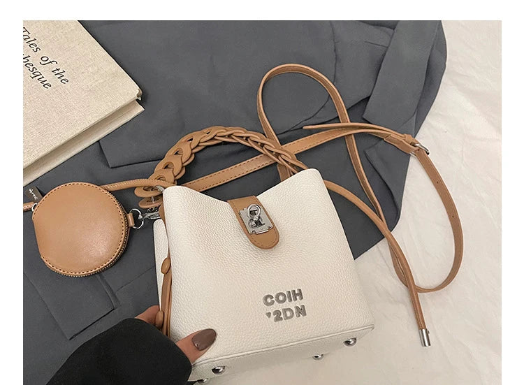 Handheld Bucket Bag For Women 2025 New Retro Pu Leather Patchwork Shoulder Bags Trend Versatile Commuting Mini Crossbody Pack