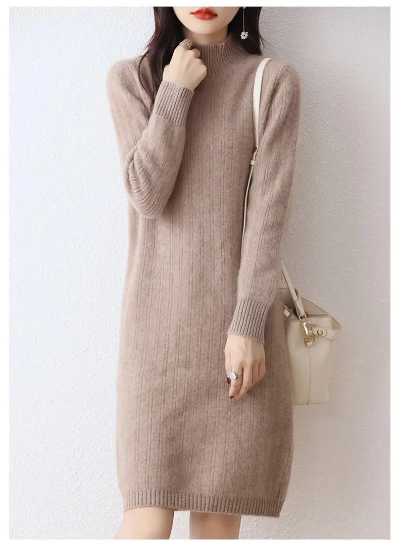 Winter New Dresses Women Solid Half High Collar Temperamen Fashion