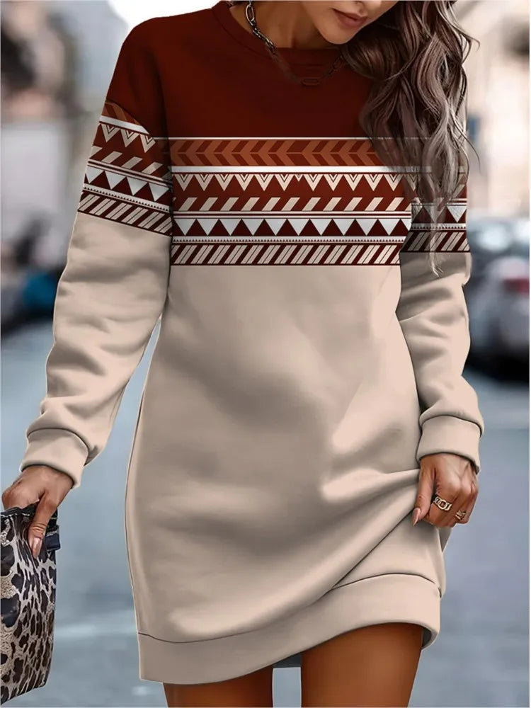 Autumn Winter Sweatshirt Dresses For Women Fashion Print O Neck Long Sleeve Dress