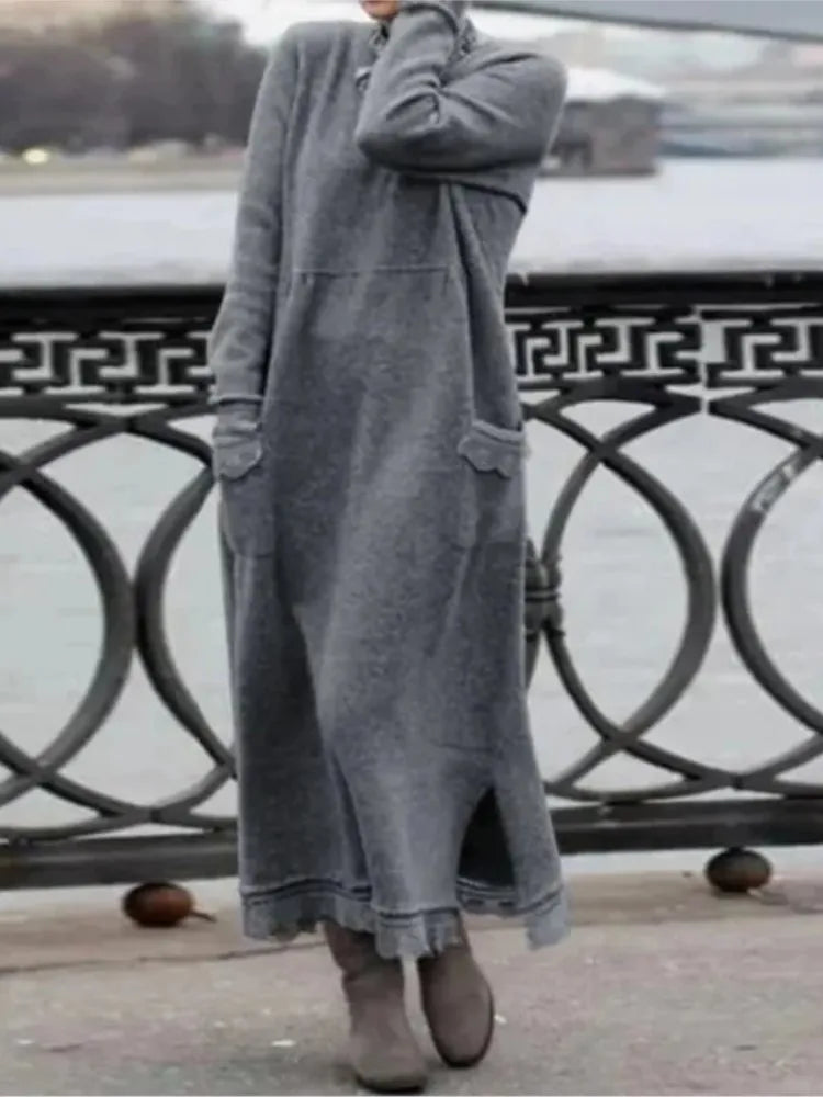 Autumn Winter New Long Dresses For Women Flower Dress Casual Long Female Solid Color Fashion