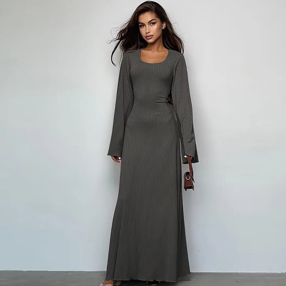 Women‘s Casual  Dress U Neck A Line Slim Skinny Elastic Bell Long Sleeve Dress