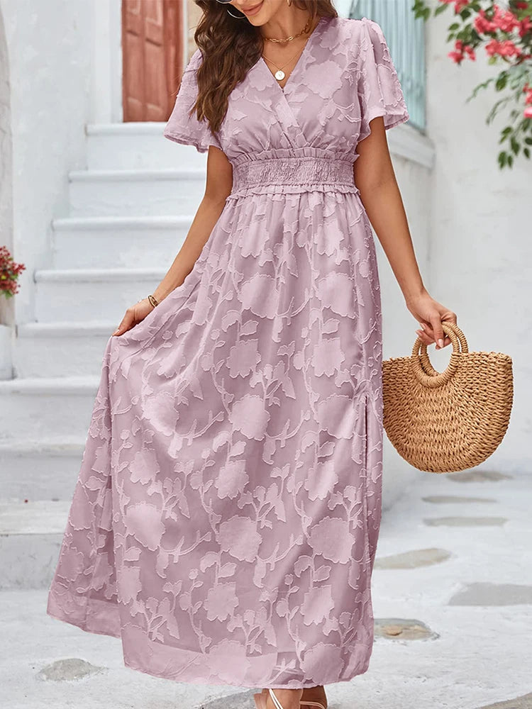 Maxi Dress Casual Summer V Neck Puff Sleeve High Waist Lace Up Dress