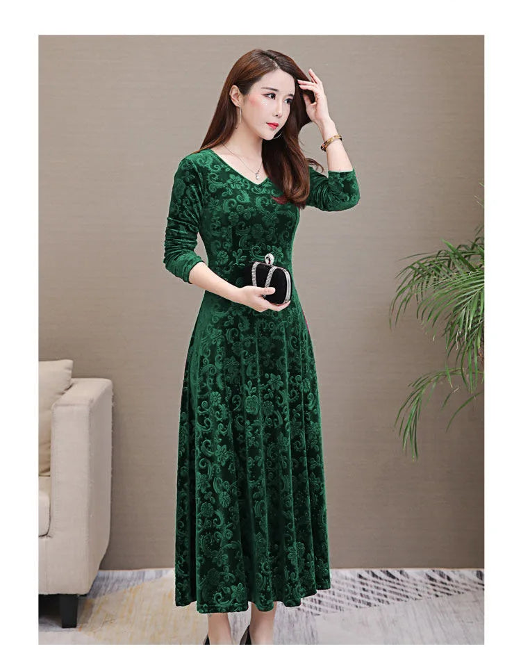 Elegant Velvet Dress Solid Long Sleeve Party Women Sexy V Neck Slim Fit Autumn Fashion Gothic Elbise Vestidos Mujer Femme Winter