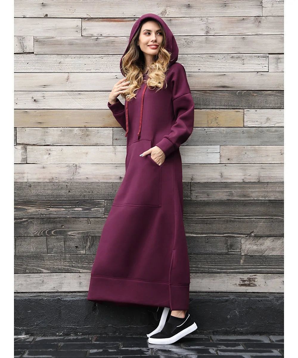 Women Dresses Autumn Winter hoodies Hooded Big Pocket Sweaters Dress